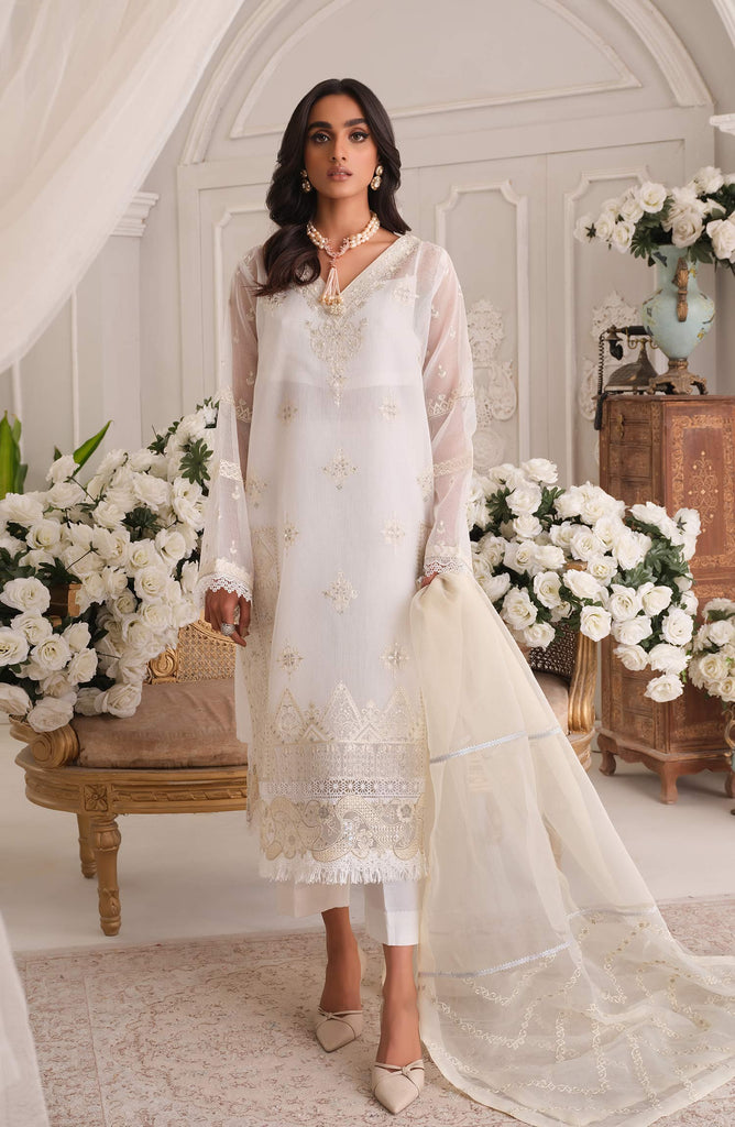 Premium Cotton Net White Kameez Trouser Dupatta Pakistani Dress – Nameera  by Farooq