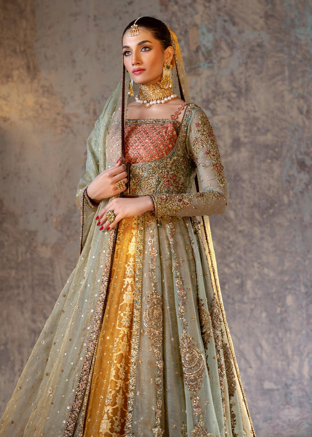 Premium Embellished Pakistani Bridal Gown with Lehenga and Dupatta Dress in Green Color Online