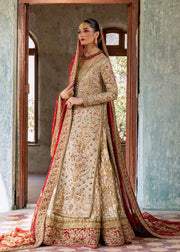 Premium Golden Pakistani Bridal Dress in Lehenga Gown Style