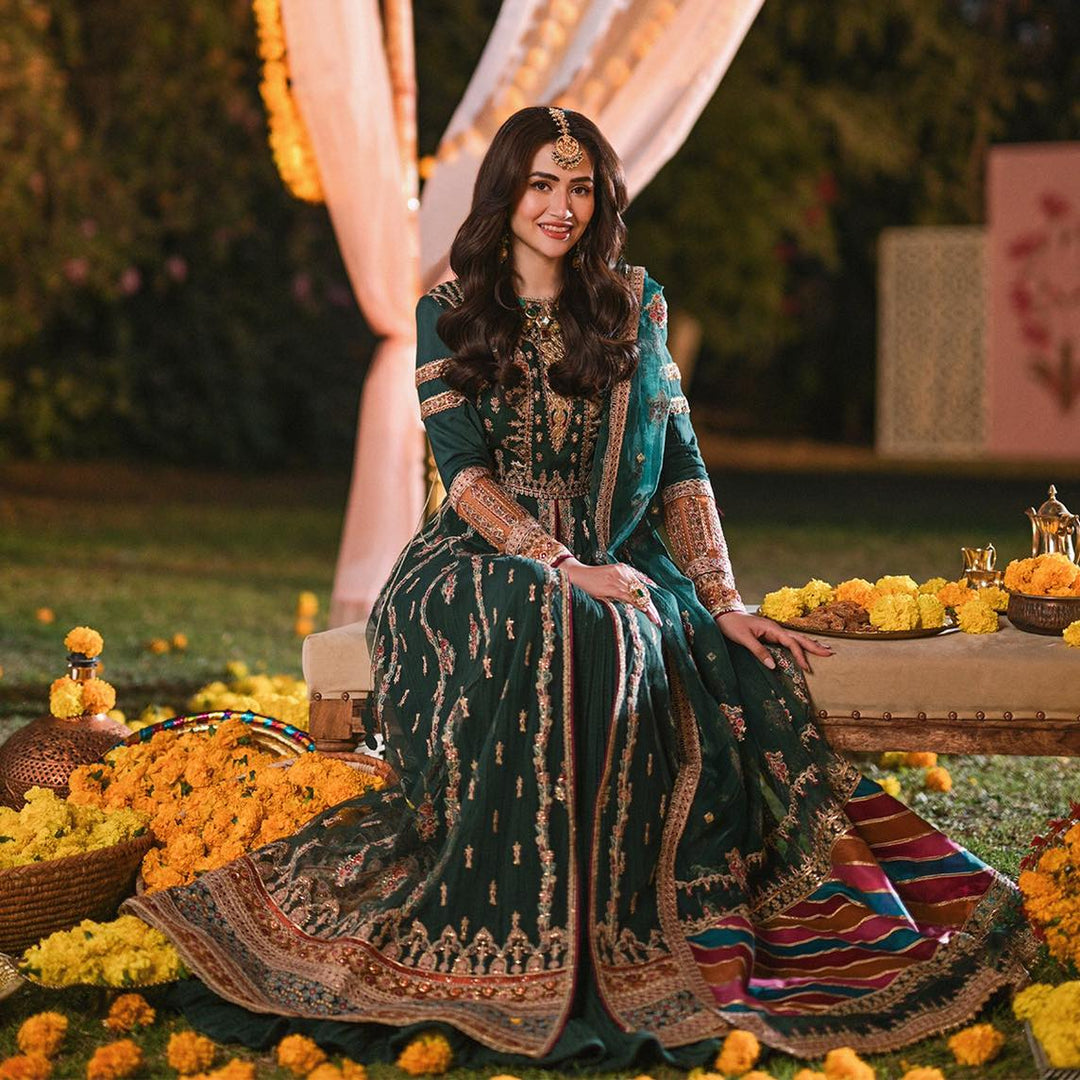 Premium Green Lehenga with Open Gown Pakistani Mehndi Dress
