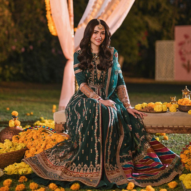 Premium Green Lehenga with Open Gown Pakistani Mehndi Dress