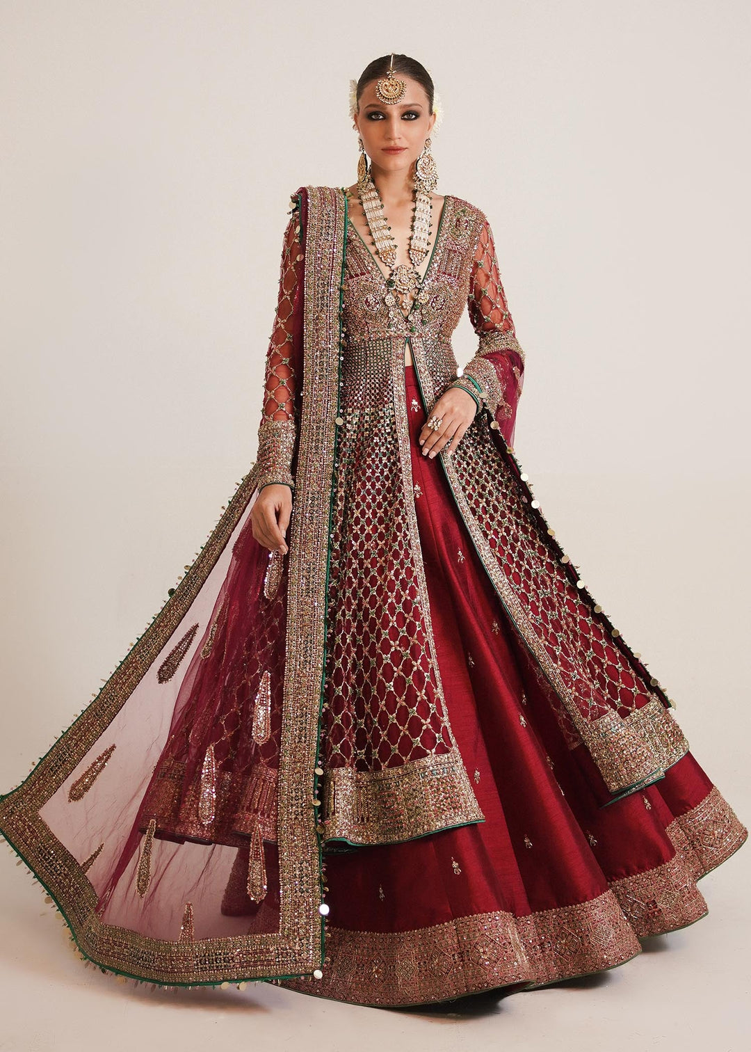 Premium Pakistani Bridal Dress in Embellished Pishwas Net Jacket and Silk Red Lehenga Style