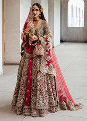 Premium Pakistani Bridal Dress in Net Pishwas Frock and Silk Lehenga Style with Dupatta