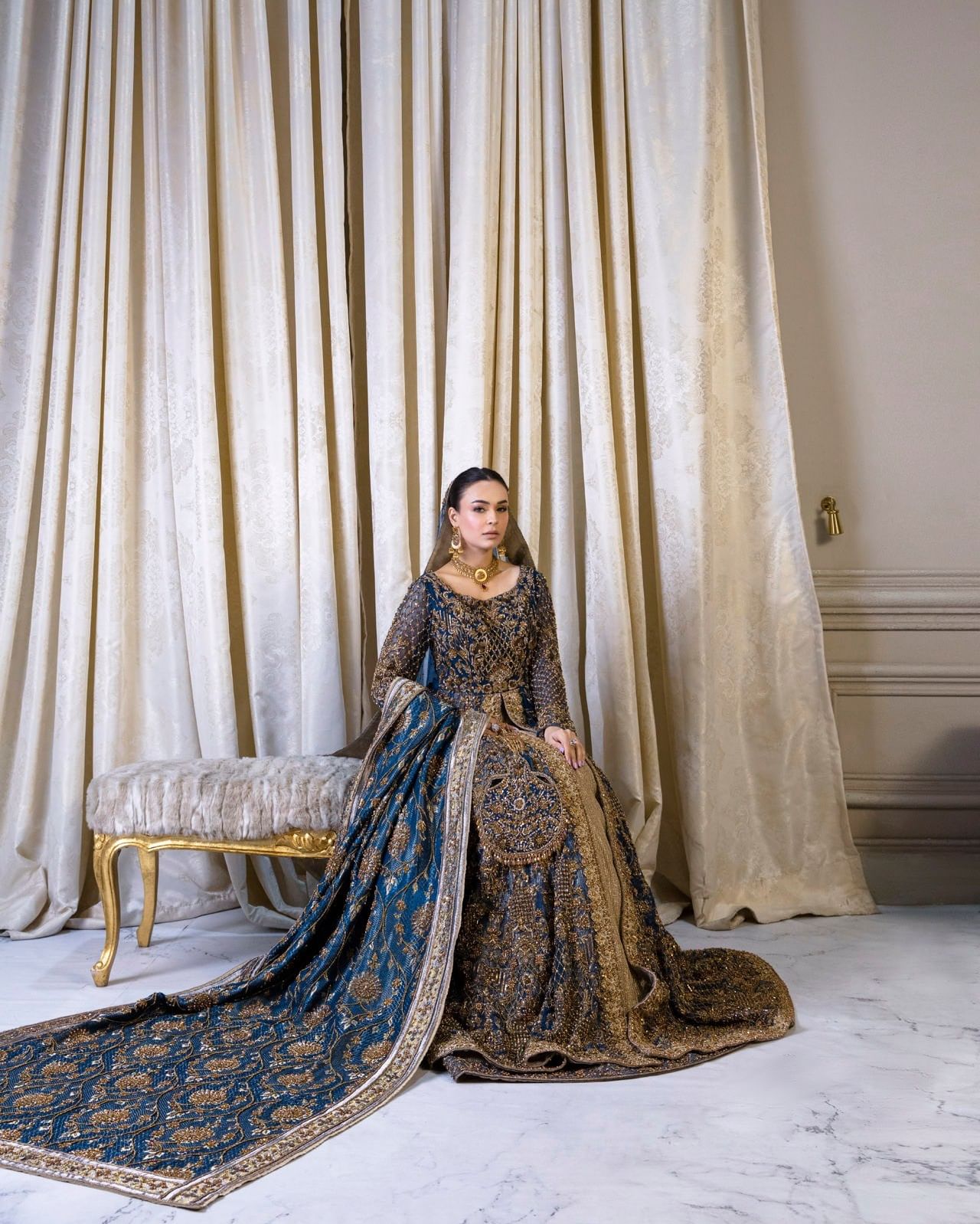 Pakistani Bridal Dress in Open Frock and Lehenga Style – Nameera by Farooq