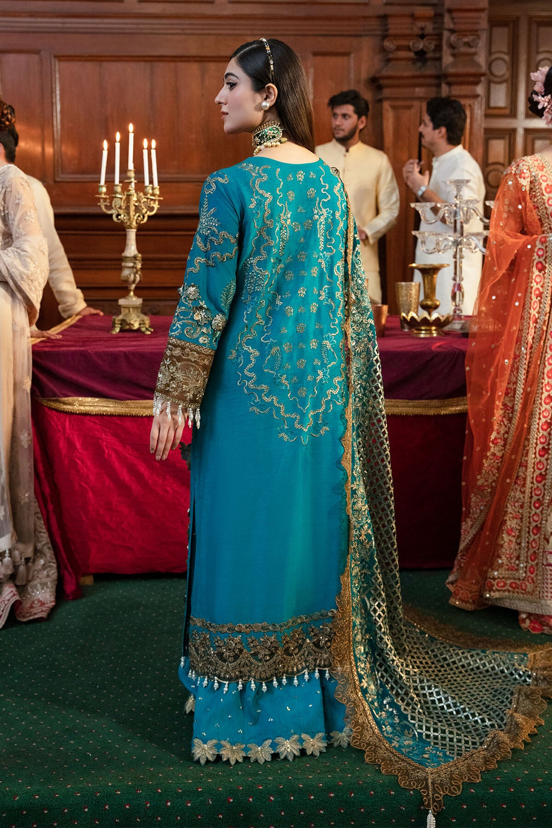 Premium Pakistani Eid Dress in Embroidered Blue Sharara Kameez and Net Dupatta Style Online