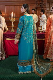 Premium Pakistani Eid Dress in Embroidered Blue Sharara Kameez and Net Dupatta Style Online