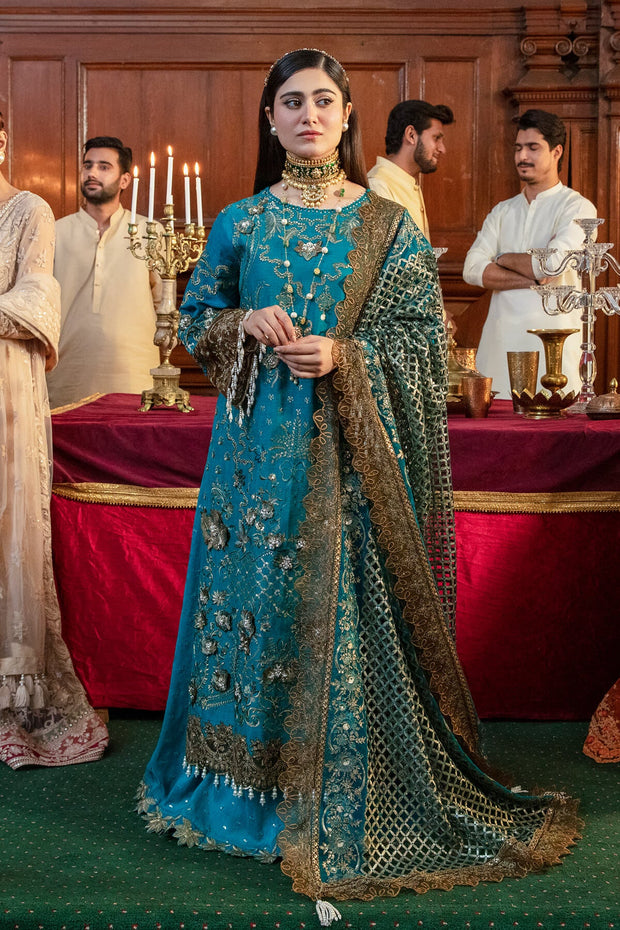 Premium Pakistani Eid Dress in Embroidered Blue Sharara Kameez and Net Dupatta Style
