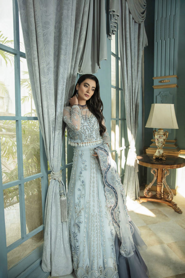 Premium Pakistani Wedding Blue Grey Lehenga Choli Dupatta Dress