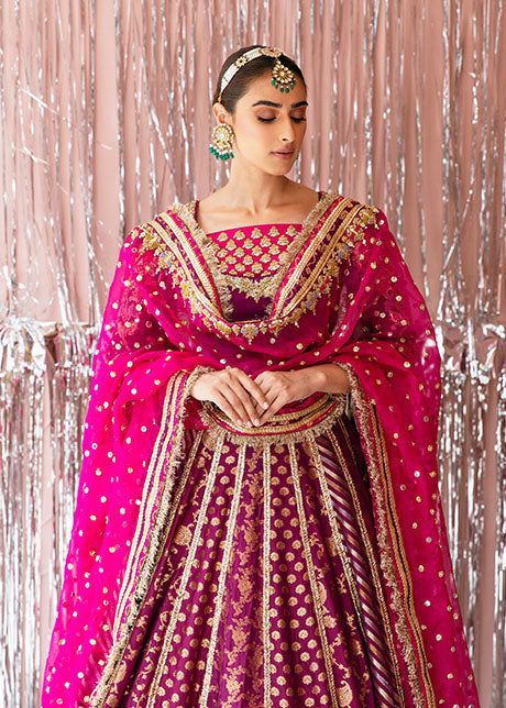Elegant Plum Pakistani Bridal Lehenga Choli with Dupatta