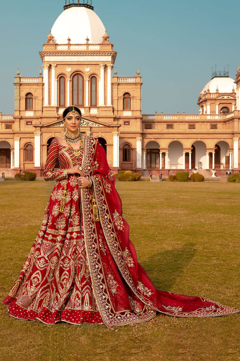 Premium Red Pakistani Bridal Dress in Traditional Pishwas Frock and Lehenga Dupatta Style