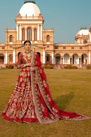 Premium Red Pakistani Bridal Dress in Traditional Pishwas Frock and Lehenga Dupatta Style