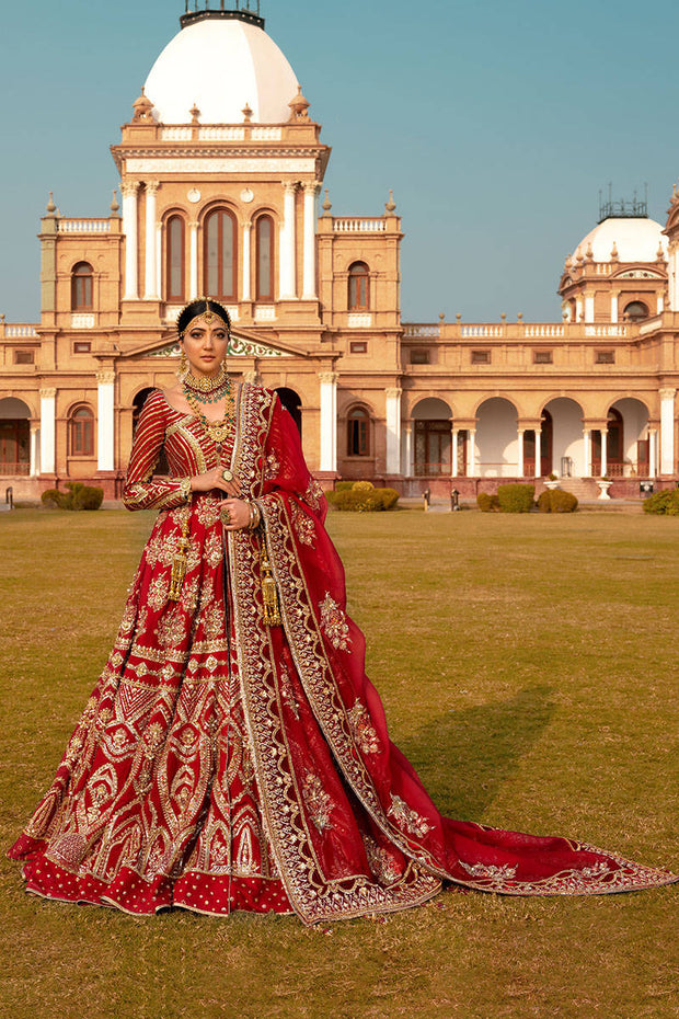 Premium Red Pakistani Bridal Dress in Traditional Pishwas Frock and Lehenga Dupatta Style