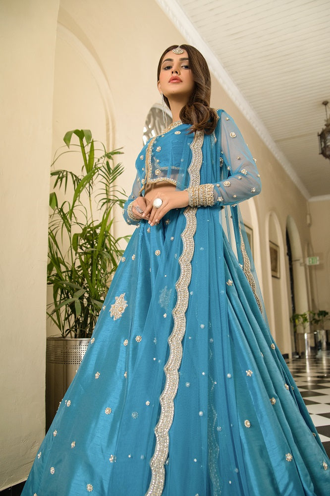 Premium Teal Blue Pakistani Bridal Lehenga Choli for Weddings