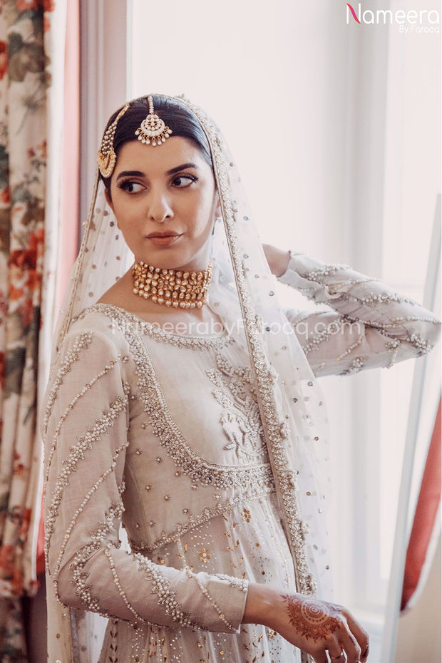 Premium White Pakistani Wedding Dress Online Closeup View