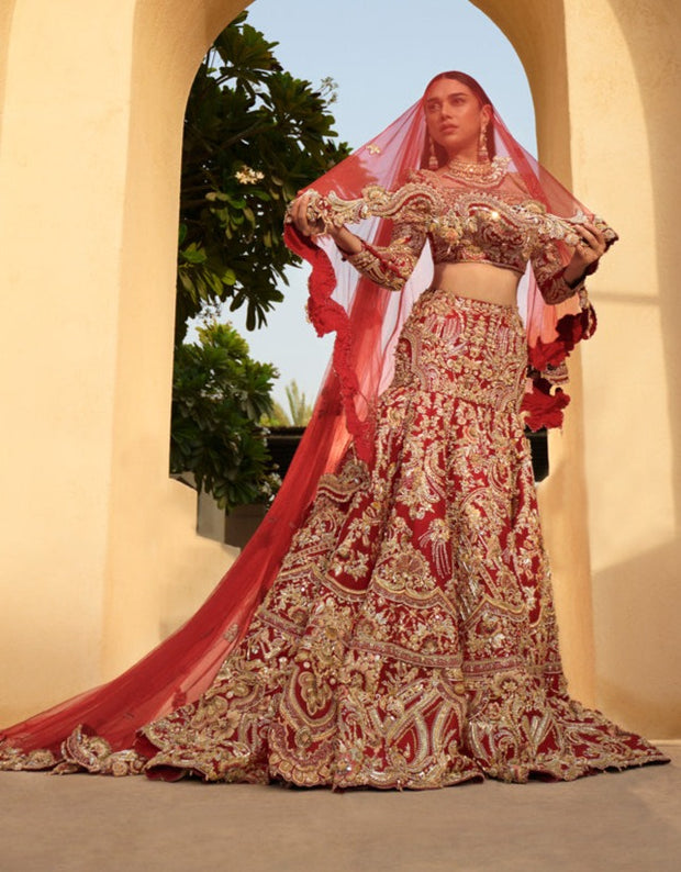 Pure Raw Silk Bridal Lehenga Choli Dupatta in Red Color