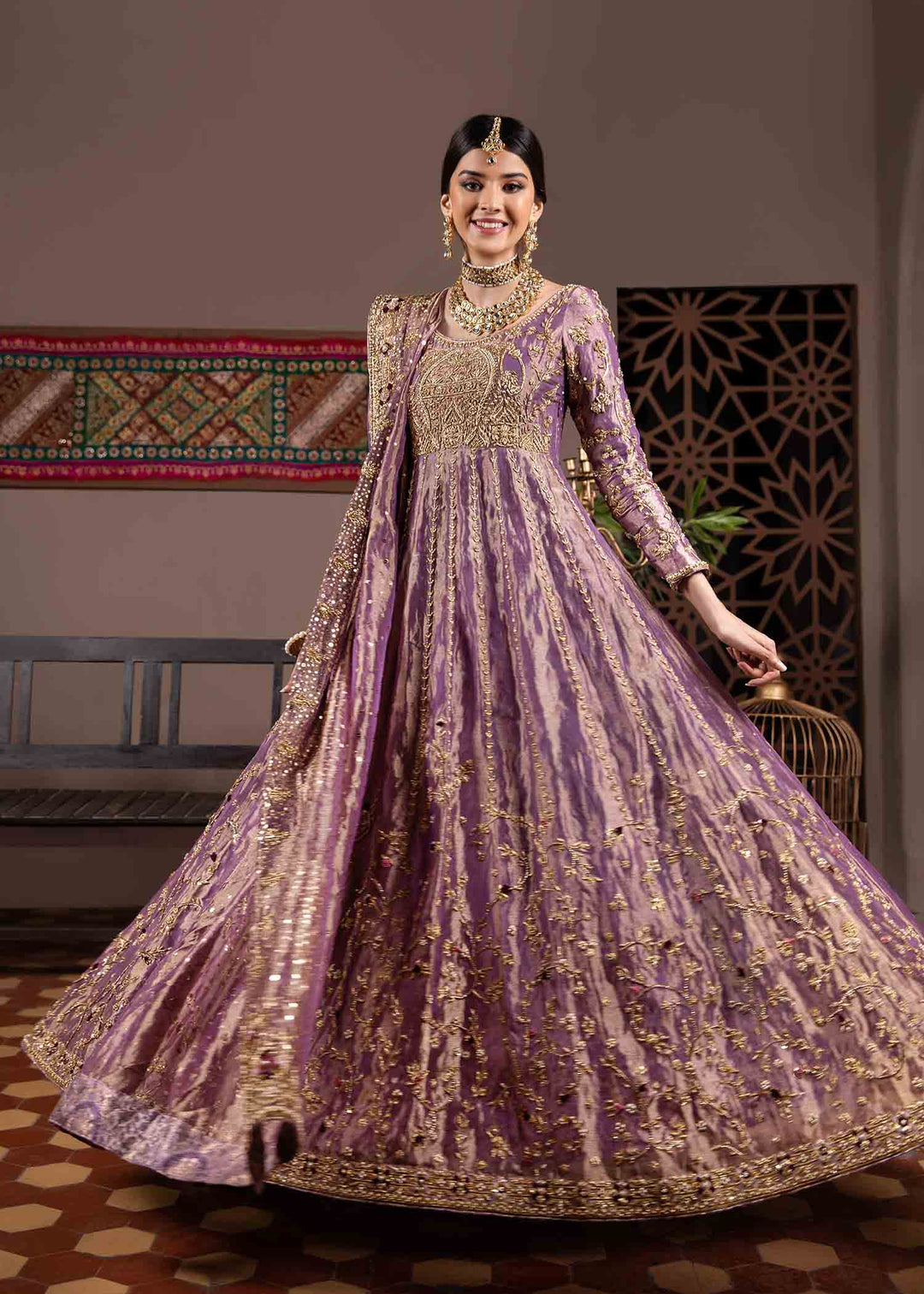 Lavish Purple Pakistani Bridal Pishwas Frock & Dupatta