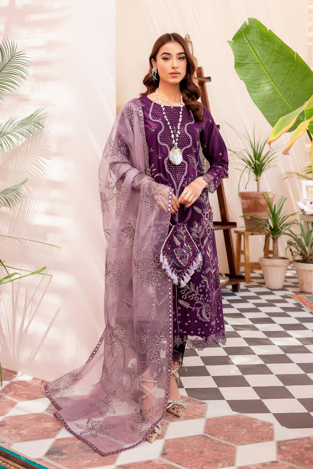 Purple Kameez Trouser and Dupatta Pakistani Eid Dress Online