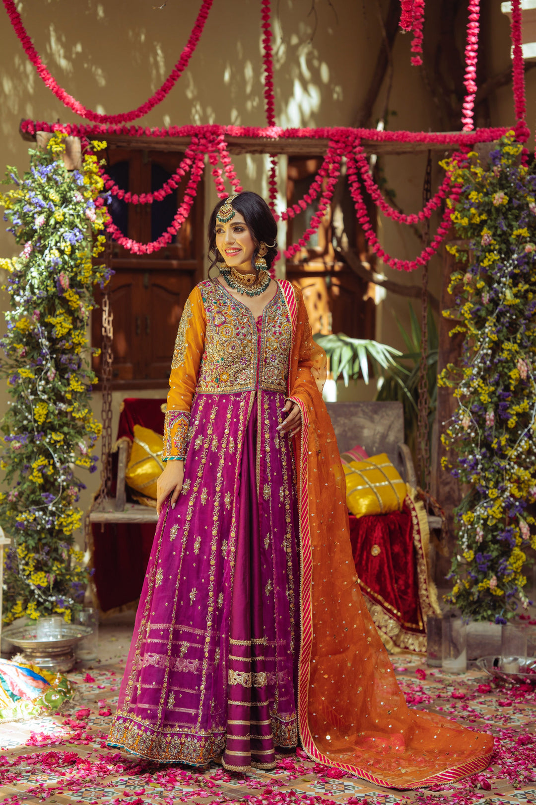 Elegant Purple Pakistani Bridal Lehenga & Open Pishwas