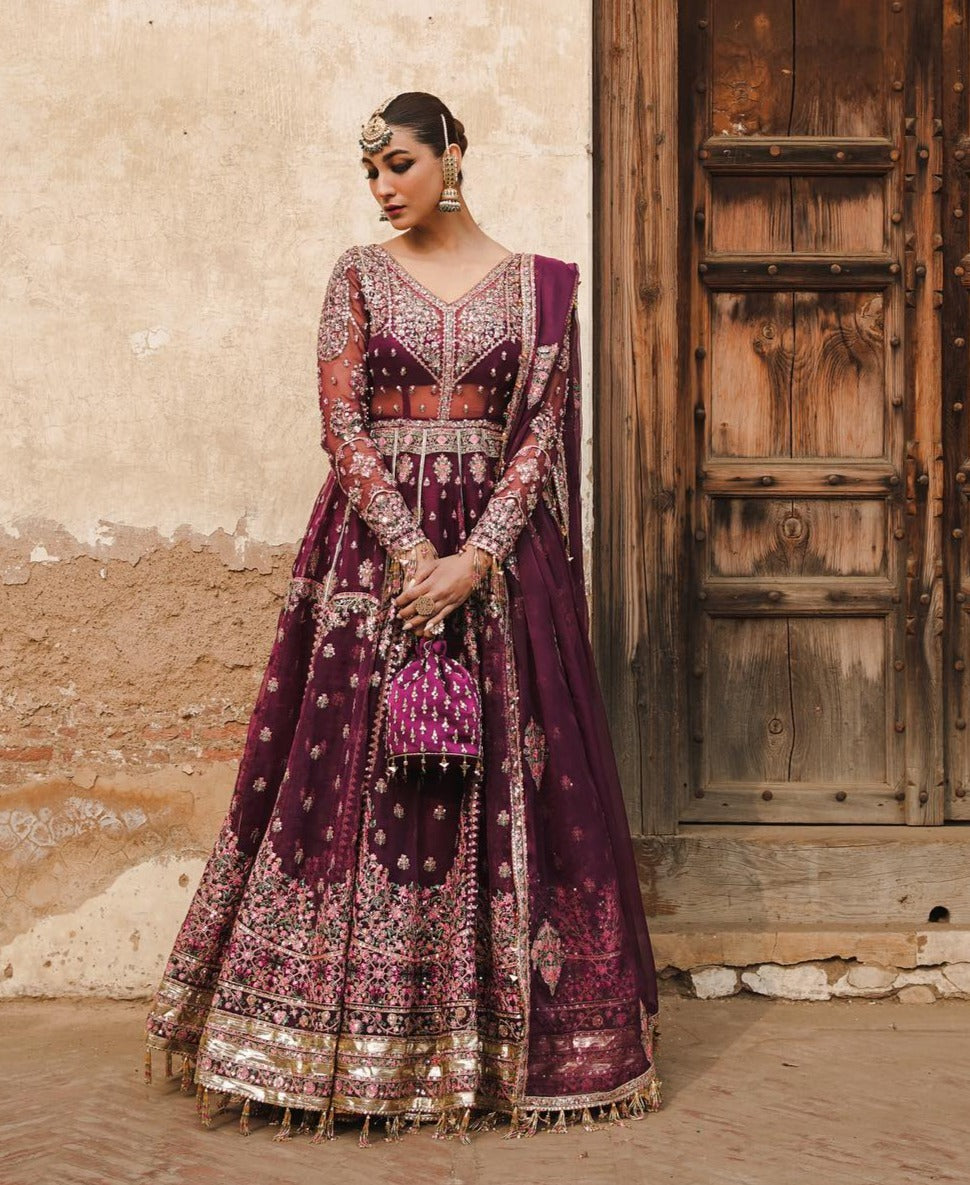 Purple Pakistani Bridal Dress in Pishwas Frock Style – Nameera by Farooq