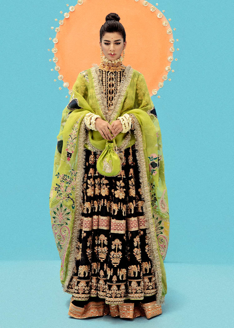 Raw Silk Black Green Pishwas for Indian Bridal Wear