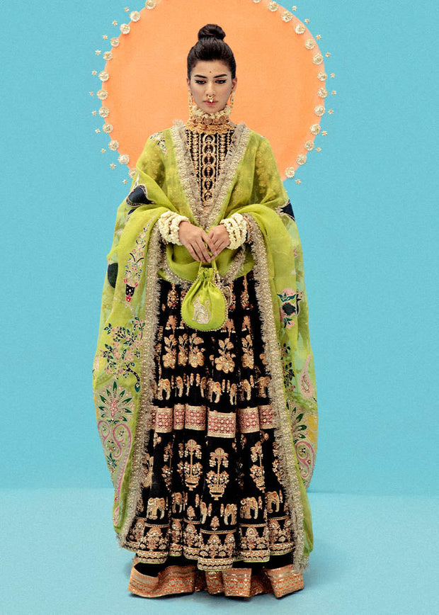 Raw Silk Black Green Pishwas for Indian Bridal Wear