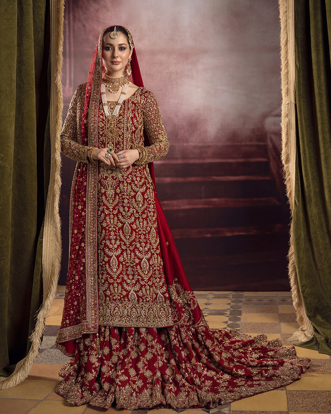 Raw Silk Bridal Gharara with Chiffon Kameez and Net Dupatta Red Pakistani Bridal Dress