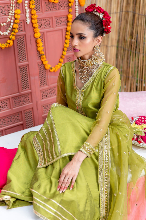Raw Silk Green Kameez Sharara Pakistani Party Dress