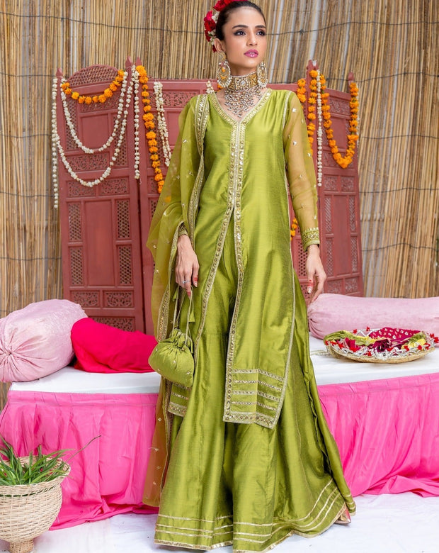 Raw Silk Green Kameez Sharara Pakistani Party Dresses