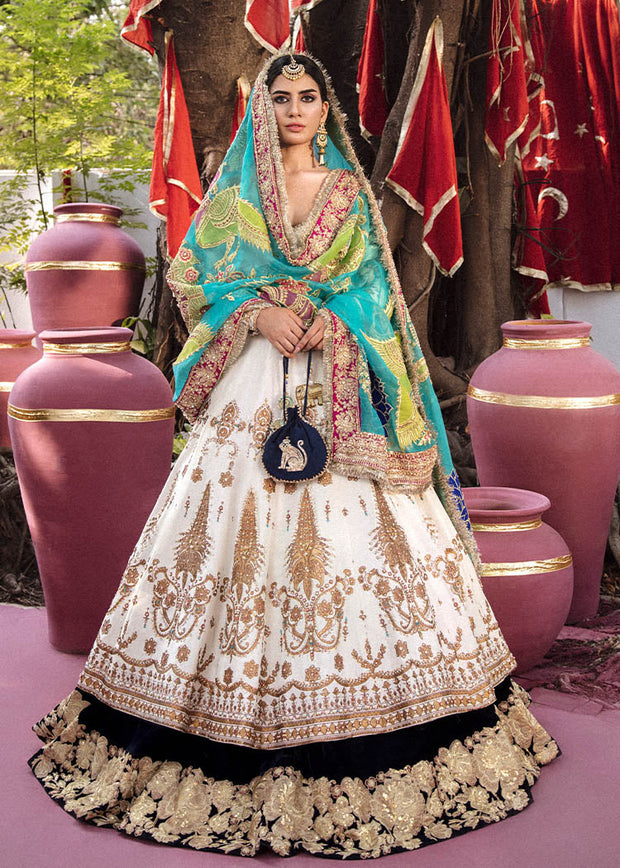 Raw Silk Ivory Pishwas Lehenga for Indian Bridal Wear