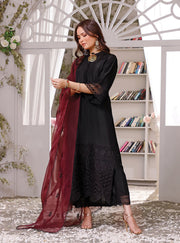 Raw Silk Kameez Trouser Pakistani Eid Dress in Black Color