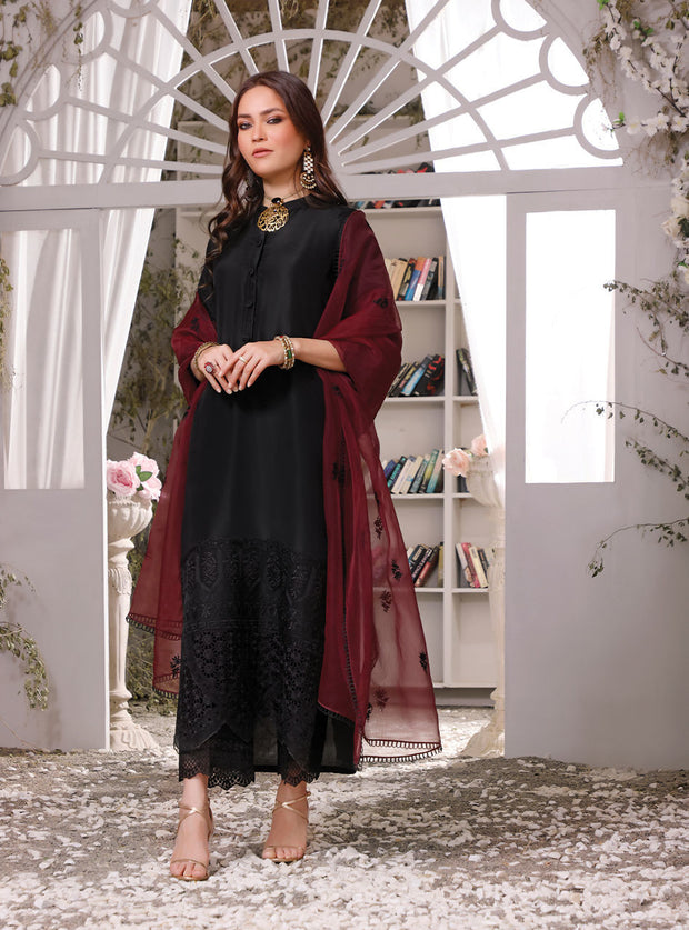 Raw Silk Kameez Trouser Pakistani Eid Dress in Black