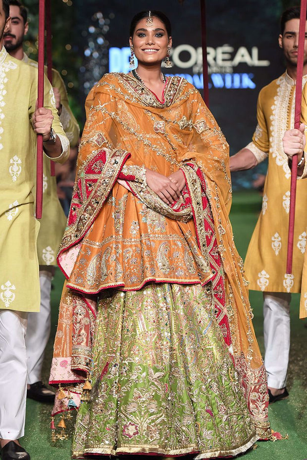 Raw Silk Orange Lehenga Peplum Pakistani Mehndi Dresses'