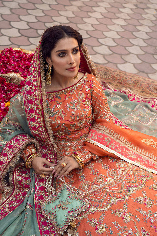 Raw Silk Pakistani Bridal Dress in Lehenga Skirt with Choli and Dupatta Style