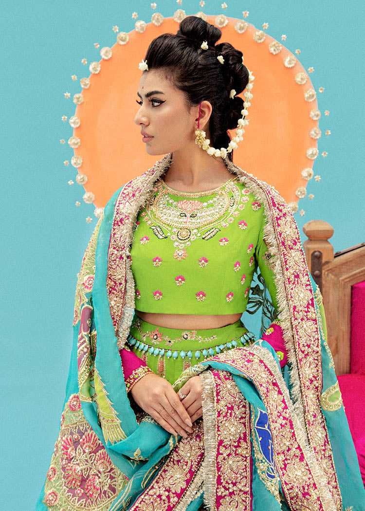 Raw Silk Pink Green Lehenga Choli