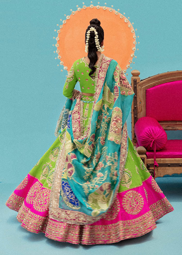 Raw Silk Pink Green Lehenga Choli for Indian Bridal Wear 2022