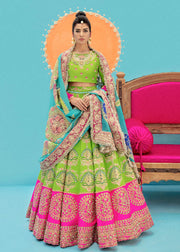 Raw Silk Pink Green Lehenga Choli for Indian Bridal Wear