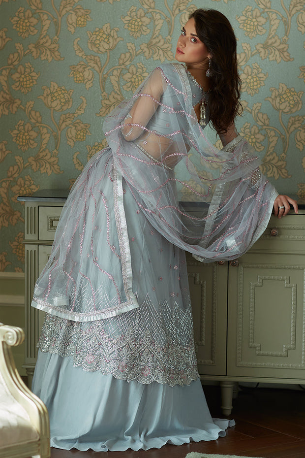 Raw Silk Sharara Dress and Wedding Gown Dress in Blue Color