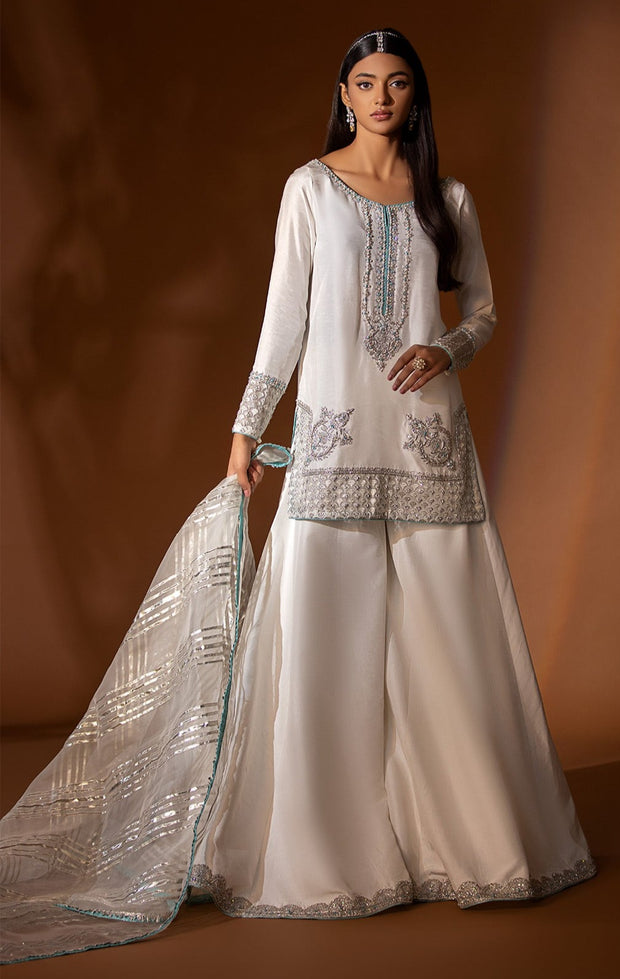 Raw Silk Sharara Kameez and Dupatta Dress for Wedding