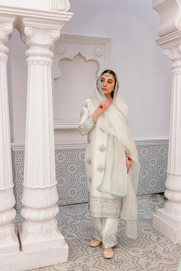 Raw Silk White Salwar Kameez Dupatta Dress