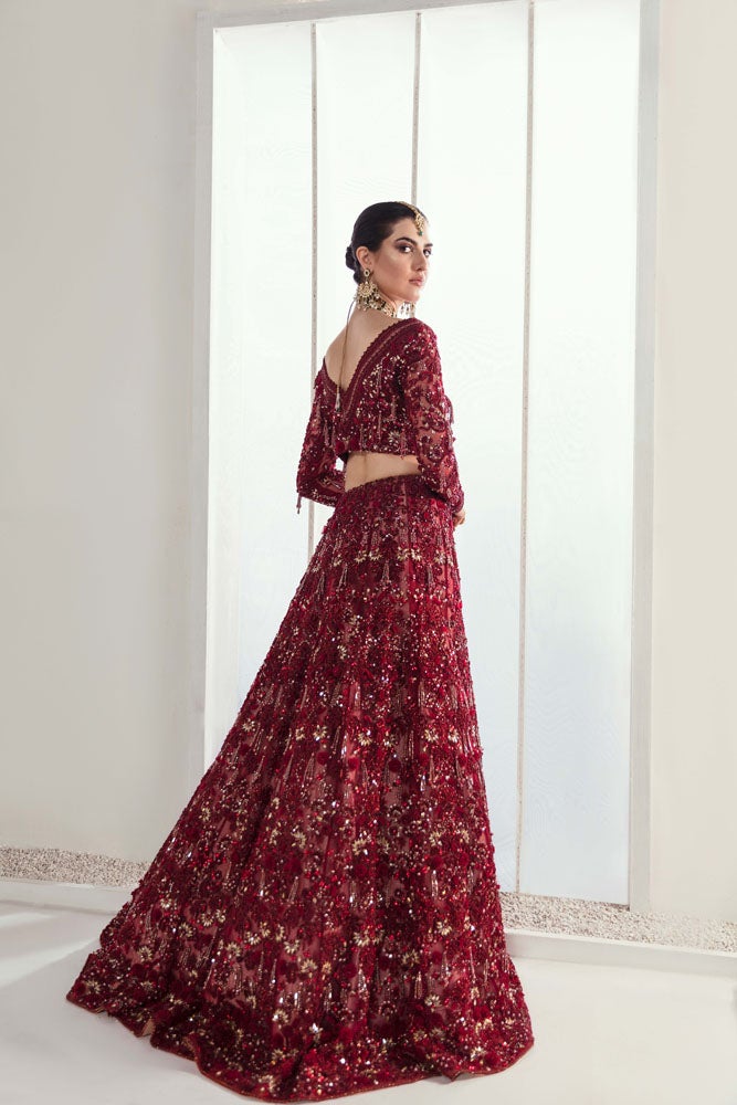 open lace back dress Blood Red Beautiful Indian Wedding Dress for Bride on Her Barat – Nameera  by Farooq