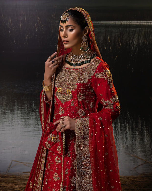 Red Bridal Dress Pakistani in Farshi Lehenga Kameez Style