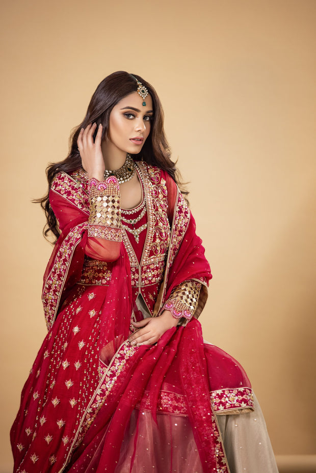 Red Bridal Dress Pakistani in Lehenga Gown Style