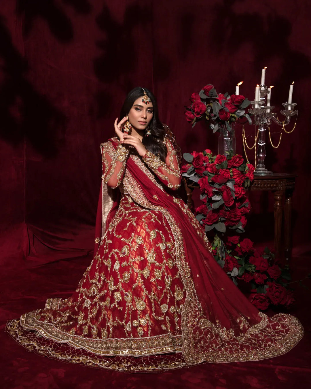 Stunning Red Pakistani Bridal Dress in Peplum Lehenga