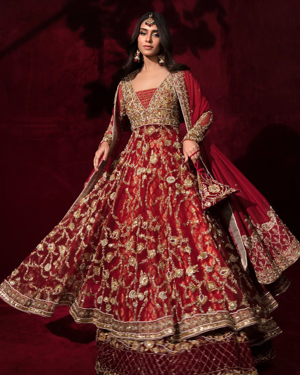 Red Bridal Dress Pakistani in Peplum Lehenga Style