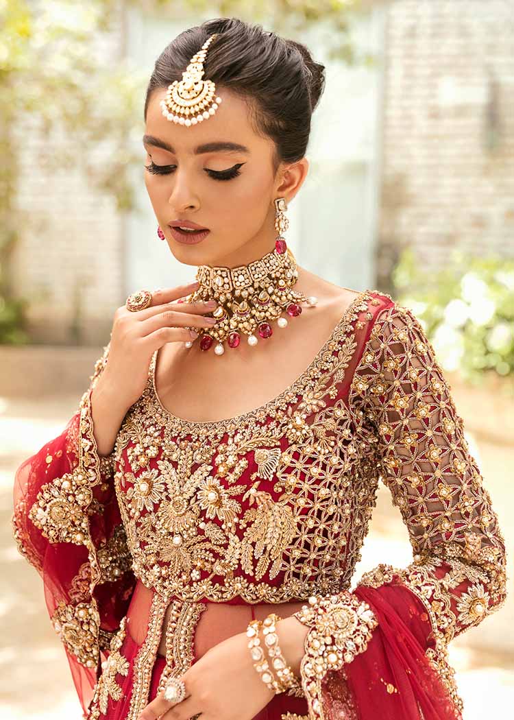 Gorgeous Red Pakistani Bridal Dress with Lehenga & Pishwas