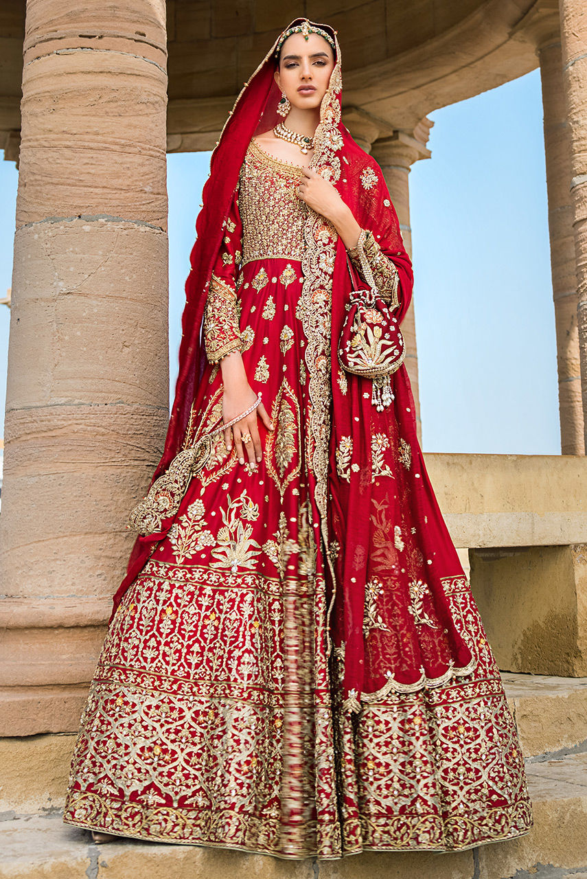 Traditional Red Pishwas Style Pakistani Bridal Dress