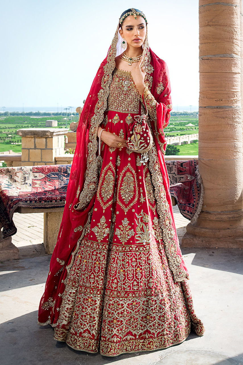 Traditional Red Pishwas Style Pakistani Bridal Dress