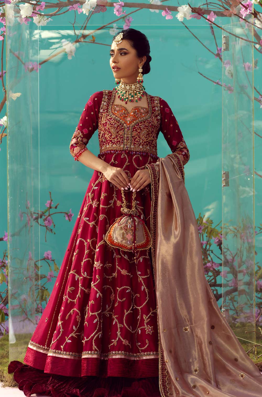 Elegant Red Pakistani Bridal Dress - Gown & Lehenga Style