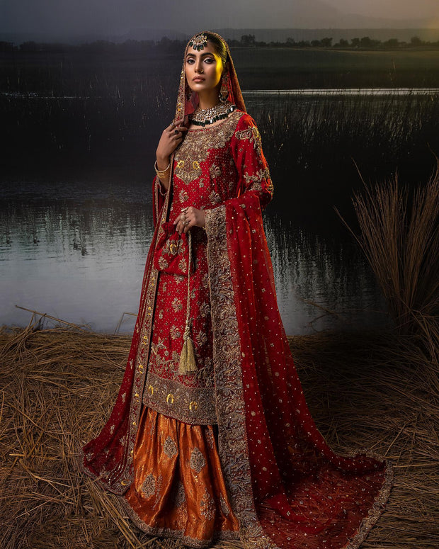 Red Bridal Dress in Farshi Lehenga Kameez Style Online