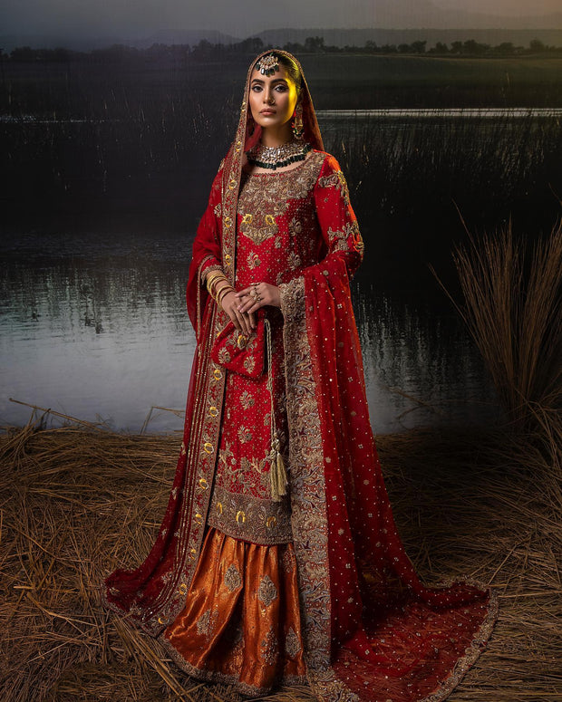 Red Bridal Dress in Farshi Lehenga Kameez Style